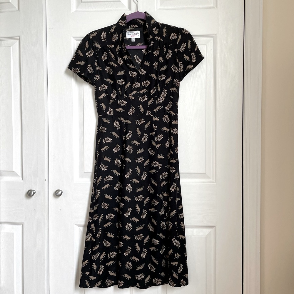 HVN 100% Silk Midi Dress w/Tan & Black Print